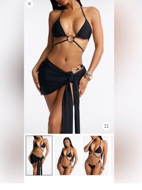 Black Ring-Accent Triangle Bikini with Sarong